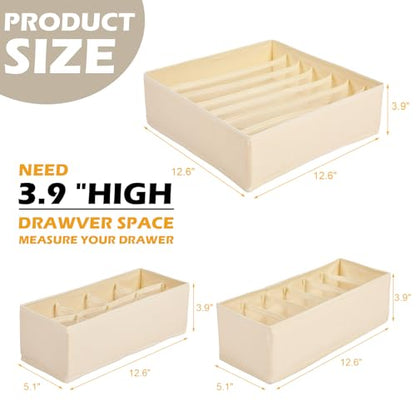 Soft Scarf Organizer for Closet Drawer 3 Set Fabric Storage Bins with 6, 7, and 8 Compartments for Scarves and Accessories Space Saving Closet Organizers Non Damaging Flexible Storage for Home (Beige)