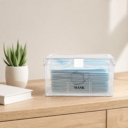 Face Mask Dispenser Box with Handle Countertop Mask Storage Box Holder Dust-Proof Mask Storage Case for Disposable Emesis Bag, Shoe Cover and Hairnet for Home Office Car Clear
