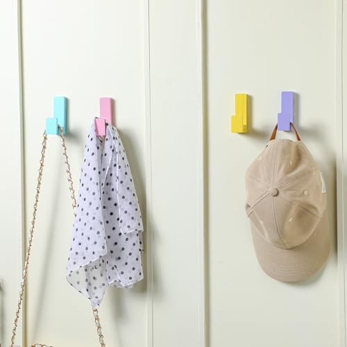 Teenyyou 6 Pack Cute Kids Coat Wall Hooks Wooden Adhesive Decorative Colorful Wall Mounted Hangers Backpack Hooks for Hanging Keys Towel Clothes Bathroom Organization(Pastel,6 Pcs)