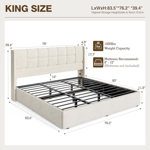 King Bed Frame with Hydraulic Gas Lift Up Storage, Linen Upholstered