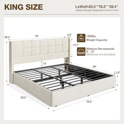 King Bed Frame with Hydraulic Gas Lift Up Storage, Linen Upholstered