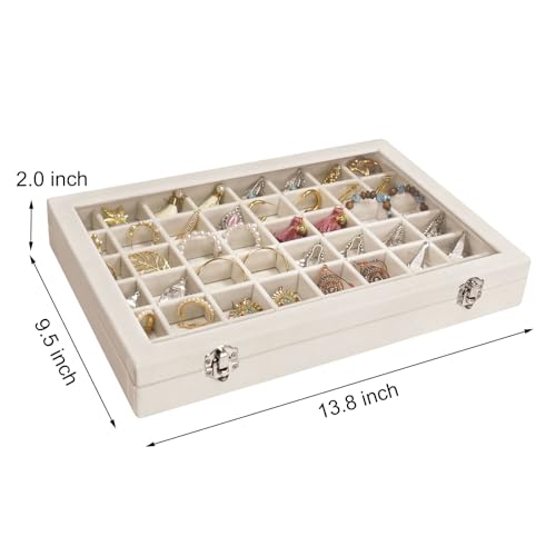 Siveit Velvet Jewelry Tray 48 Grid Jewelry Display Tray Organizer Box with Transparent Lid Rings Earrings Necklaces Pendants Display Box Suitable for Women and Girls (Beige)