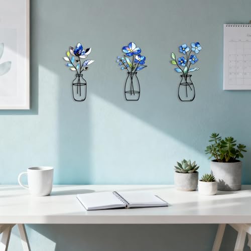 3 Pcs Metal Vase Wall Arts,Iron Art Painting,Rustic Farmhouse Decor Minimalist Flower Wall Decor for Bedroom Bathroom Living Room Dining Room(Blue, Vase-D)