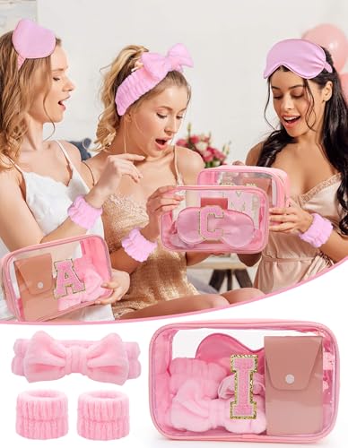 Initial Makeup Bag with Makeup Brush Set Party Favors Gifts for Women Girls | Pink Spa Kit with Skincare Headbands Wrist Bands Sleepover Bachelorette Party Supplies Gifts for Teen Girls Bridesmaid I