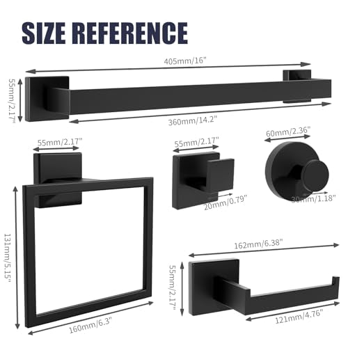 Bathroom Hardware Accessories Set: Bath Towel Bar Set, Towel Racks for Bathroom Wall Mounted, SUS304 Stainless Steel (Matte Black, 7-Pieces)
