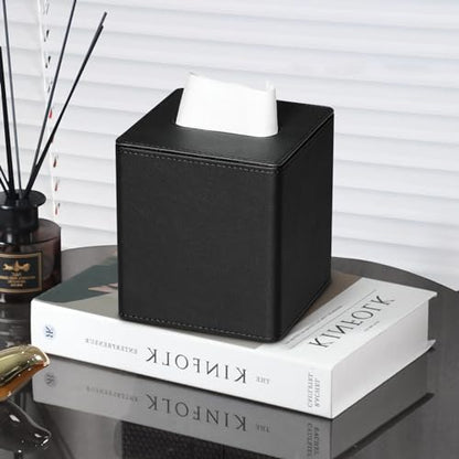 PU Leather Square Tissue Box Cover with Bottom, Black | Fits All Standard Cube Tissue Boxes, Modern Decorative Tissue Box Holder for Bathroom, Bedroom, Office, Living Room