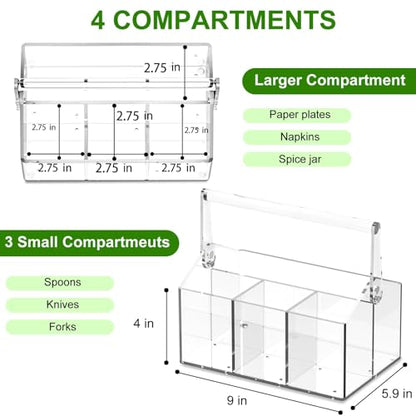 Chivalral Clear Acrylic Utensil Caddy, 4 Compartment Silverware Holder | With drainage holes & silicone anti-slip pads,Portable magnetic rotating handle for Kitchen, picnic, party ,Buffet,Camping