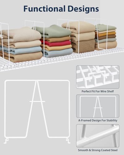 8 Pack Wire Shelf Dividers for Closet, 12 x 12in, Bright White | Rust-Resistant Coated Metal Dividers, Install Tool-Free, Closet Shelf Divider for Wire Shelves and Storage
