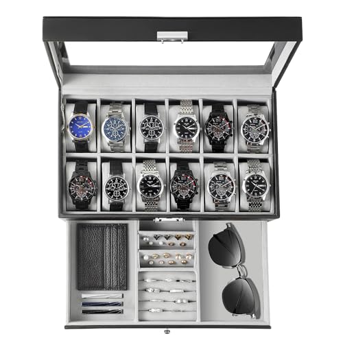 Watch Box Organizer for Men Gift, 12 Slot Watch Ca... (Black+Grey | Faux Leather)