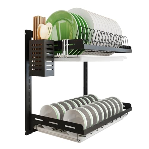 junyuan Kitchen Dish Rack,Hanging Dish Drying Rack Organizer Storage Shelf Over Sink,2 Tier Wall Mount Bowl Holder with Drain Tray and Silverware Stainless Steel Black Coating Ajustable Height