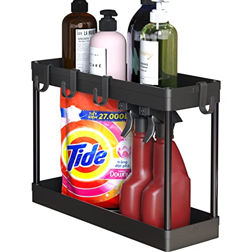 Simple Houseware 2-Tier Under Sink Organizer Storage Tray with Hooks, Black