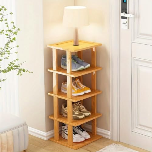SAN HE Bamboo Shoe Rack 5Tier- Vertical Shoe Rack for Small Spaces, Tall Narrow Shoe Rack Organizer for Closet Entryway Corner Garage and Bedroom,Skinny Shoe Shelf with Free Stackable DIY