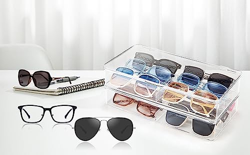 Acrylic Eyeglass Organizer, Stackable Sunglasses Case Storage Organizer with Lid - 2 Pack