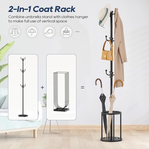 Coat Rack Freestanding, Black Coat Rack with Umbrella Holder, standing hat rack umbrella stand for entryway, coat hanger stand with 12 Hooks, office coat tree for Hat, Umbrella, jacket, Bag, Clothes