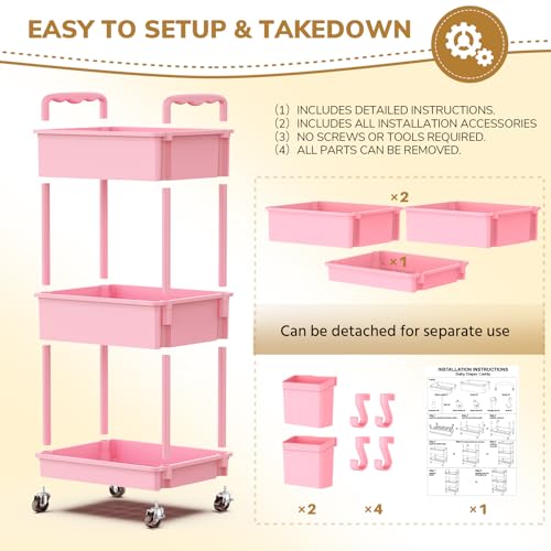Diaper Cart with Lockable Wheels and Easy Assembly, 3 Tier Pink | Rolling Cart for Baby Nursery Storage, Sturdy Ample Diaper Caddy Organizer for Baby Girl, Boy, New Mom, Newborn Essentials