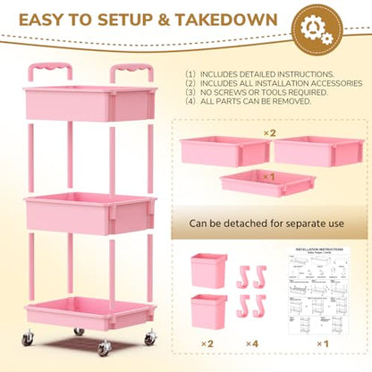 Diaper Cart with Lockable Wheels and Easy Assembly, 3 Tier Pink | Rolling Cart for Baby Nursery Storage, Sturdy Ample Diaper Caddy Organizer for Baby Girl, Boy, New Mom, Newborn Essentials