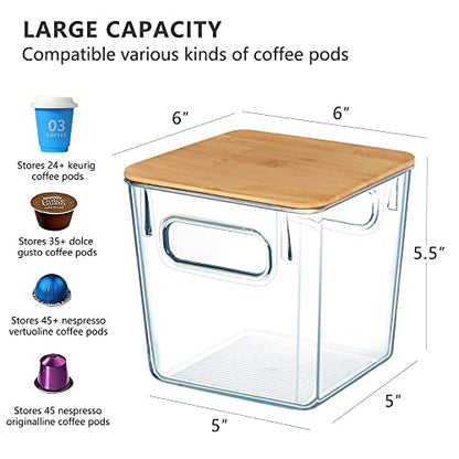 3 PACK Coffee Pod Holder K Cup Organizer Large Capacity Clear Storage Container Bins with Bamboo Lids for Coffee Bar Organization and Storage