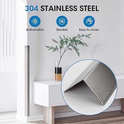 Stainless Steel Wall Corner Guards, 2 x 2 x 48 inches (2 Pcs Pack). Made of 304 Steel, These 90-Degree Angle Metal Corner Protectors are Designed for Wall Protection and Decoration