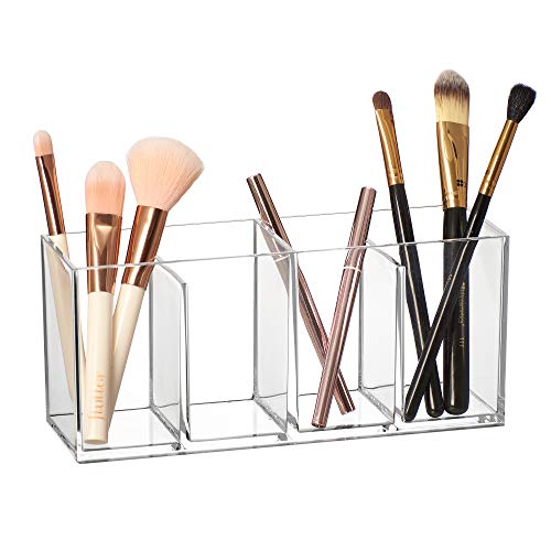 Glamour - Acrylic 4-Compartment Makeup Organizer, Transparent Plastic Makeup Brush Holder, Perfect Bathroom Vanity Storage Solution for Makeup Brushes, Eyebrow Pencils, and More