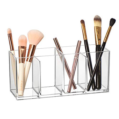 Glamour - Acrylic 4-Compartment Makeup Organizer, Transparent Plastic Makeup Brush Holder, Perfect Bathroom Vanity Storage Solution for Makeup Brushes, Eyebrow Pencils, and More
