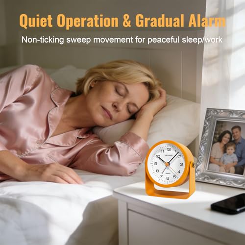 Lamisola 3.5 Inch Bathroom Clock, Small Alarm Clock for Bedroom, Orange | Battery Travel Desk Table Analog Clock for Kids Seniors Teens, Retro Cute Metal Home Decor Shelf Clock, Night Light Snooze