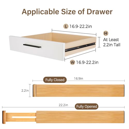 Bamboo Drawer Divider Set of 4, Adjustable Spring-Loaded Drawer Organizer (16.9"-22.2"), 2.3" Height, Suitable for Kitchen, Desk, Bathroom, Clothing, and Miscellaneous Drawer Organization, Natural