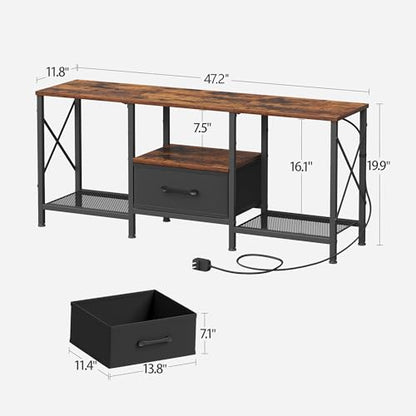 JARHETUN LED TV Stand with Fabric Drawer, Entertainment Center for 50 55 Inch TV, Industrial TV Console Table with Open Storage Shelves for Living Room, Bedroom, Rustic Brown