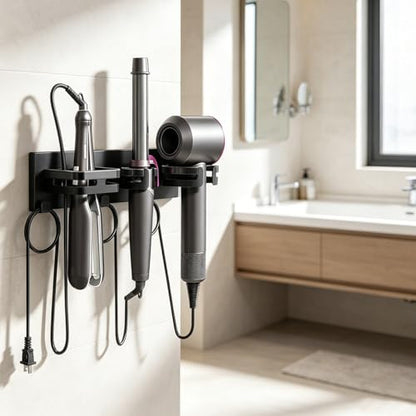 Hair Dryer Holder Wall Mount Metal Hot Tools Organizer Self Adhesive/Screw | 3 in 1 Hair Tool Organizer with Cord Organizer, Blow Dryer Holder with Curling Iron & Flat Iron Holder Matte Black