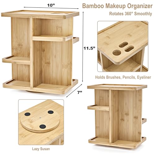 360° Makeup Organizer - Bamboo Wood Make Up Storag... (Tan | Bamboo)
