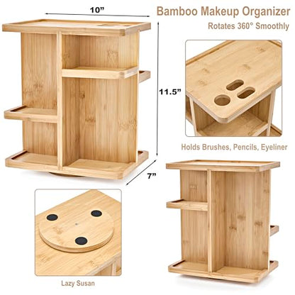 360° Makeup Organizer - Bamboo Wood Make Up Storag... (Tan | Bamboo)