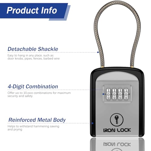 Iron Lock® Key Lock Box with Code, Portable Cable Shackle (Small, Grey) | Holds 2-3 house keys or an access card; 11-in steel cable loops on gate or rail; weather-resistant; no app or battery