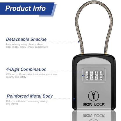 Iron Lock® Key Lock Box with Code, Portable Cable Shackle (Small, Grey) | Holds 2-3 house keys or an access card; 11-in steel cable loops on gate or rail; weather-resistant; no app or battery