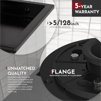 6 Inch Square Shower Floor Drain with Flange,Quadrato Pattern Grate Removable,Food-Grade SUS 304 Stainless Steel,Watermark&CUPC Certified,Matte Black