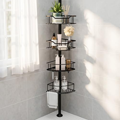 Corner Shower Caddy Tension Pole, 4-Tier Fan-Shape... (BLACK | Stainless Steel)