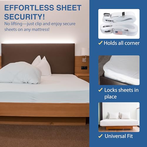 Original Bed Sheet Straps with Clips Holder - Fitted Sheet Straps, Bed Sheet Holder, Bedsheet Clips/Straps - Fits All Mattress Sizes