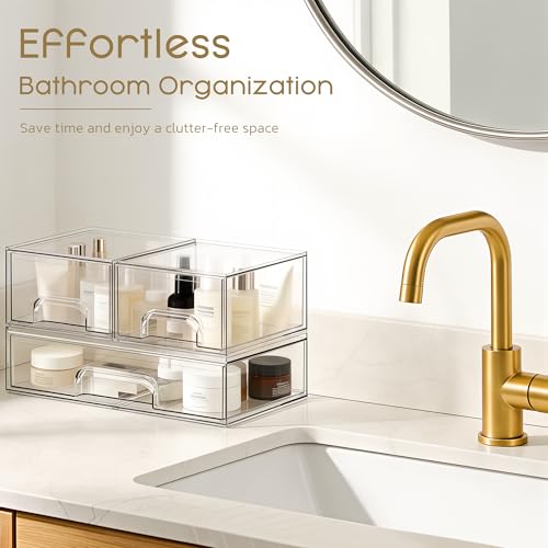 Stackable Storage Drawers, 3 Pack Clear Acrylic Makeup & Bathroom Organizer, Versatile Storage Bins for Vanity, Under Sink, Kitchen Cabinets & Pantry