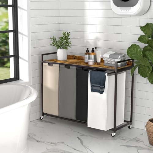 Laundry Hamper with Shelf, Laundry Basket 4 Section, Laundry Sorter with Pull-Out Removable Large 4 Color Bags and Movable Wheels, Metal Frame, 4 x 15.87 Gallons (60L), Rustic Brown PF07XLN
