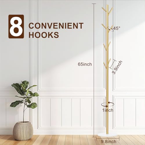 Coat Rack, Metal Freestanding Coat Rack with 8 Hooks, Sturdy Coat Tree with Natural Marble Base for Coats, Hats, Scarves and Handbags for Entryway, Hallway, Bedroom, Office,Dorm (Gold)