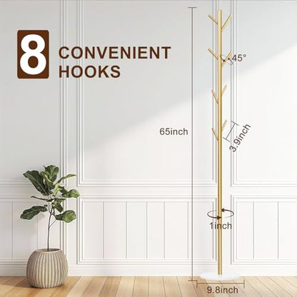 Coat Rack, Metal Freestanding Coat Rack with 8 Hooks, Sturdy Coat Tree with Natural Marble Base for Coats, Hats, Scarves and Handbags for Entryway, Hallway, Bedroom, Office,Dorm (Gold)