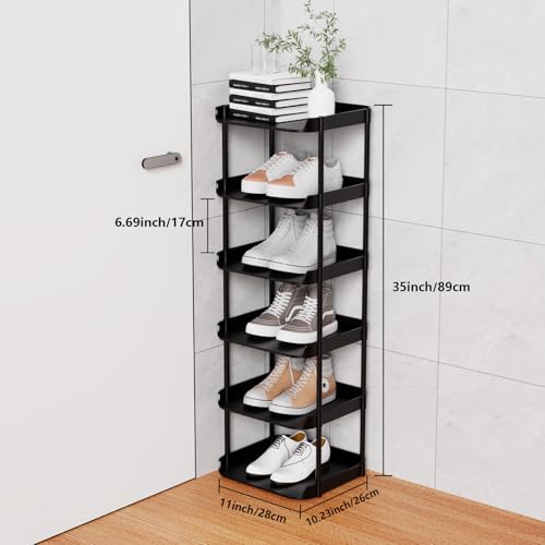 6 Tier Vertical Narrow Shoe Rack, Stackable Tall Skinny Shoerack, Compact Single Shoes Storage Tower for Slim Space, Corner Plastic Shelves, for Hallways, Entryway, Bedrooms Organizer, Black
