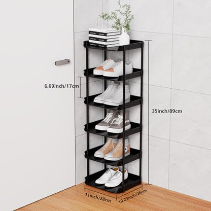 6 Tier Vertical Narrow Shoe Rack, Stackable Tall Skinny Shoerack, Compact Single Shoes Storage Tower for Slim Space, Corner Plastic Shelves, for Hallways, Entryway, Bedrooms Organizer, Black