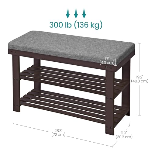 SONGMICS Bamboo Shoe Bench, 3-Tier Shoe Rack Organizer for Entryway, Living Room, Bench Seat Holds Up to 300 lb, 11.9 x 28.3 x 19.2 Inches, Rustic Walnut and Slate Gray ULBS604CG