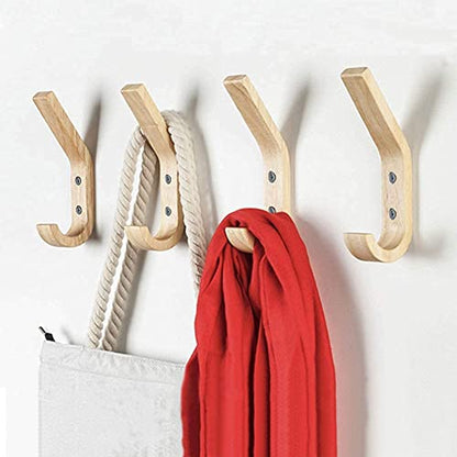 Wood Wall Hooks 4 Pack Organizer Heavy Duty Coat Hooks for Hanging Coats | Rustic Oak Wood Hooks with Double Curve Design Space-saving Decorative Wall Storage for Bathroom Key Bag Towels Easy Install