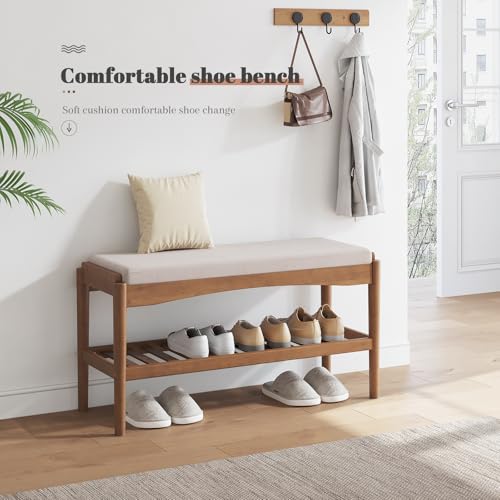 Shoe Bench Entryway Bamboo 2-Tier Shoe Rack with Cushion Padded Seat Shoe Bench Organizer Stable for Entry, Hallway, Living Room, Bedroom, Closet (31.5 * 11.4 * 16.5IN, Brown-Beige)