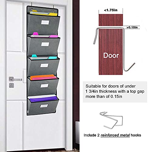 Over the Door Hanging File Organizer 5 Extra Large Pockets Wall Hanging File Folders Organizer Holders,Home Office Supplies Storage Pocket Chart for Paper Mails Planners Notebooks,Gray