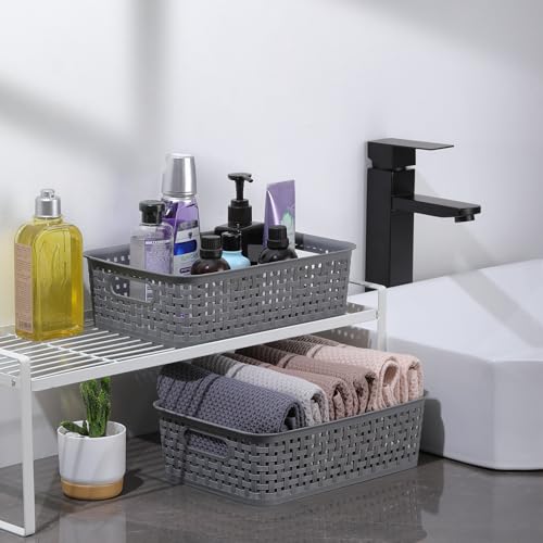 NETANY Plastic Storage Baskets - 8 Pack, Gray, Durable, Easy to Use, Flexible, Multi-Purpose, Ideal for Closets, Cabinets, Shelves, Countertops