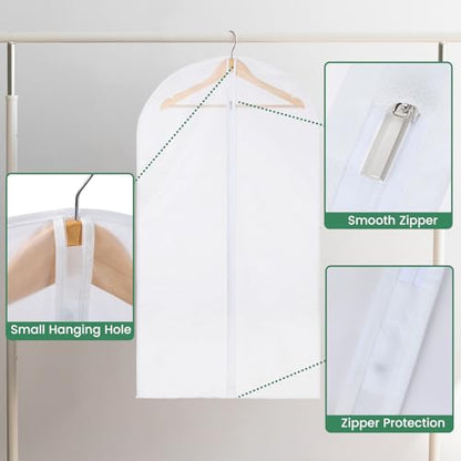 Carbrea 12 Pack Translucent Garment Bags for Hanging Clohes - 24" x 42" | Thick PEVA Materials, Smooth Zipper, with Zipper Protection, Breathable, Washable, Reusable, for Closet Storage, Travel Use