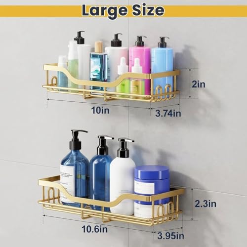 OMAIRA 3-Pack Shower Caddy with Soap Holder, Adhesive Rustproof No-drill Strudy Loading Inside Shower Organizer Shelves Rack Storage Bathroom Organization for Smooth Wall Glass Tile, (Gold)