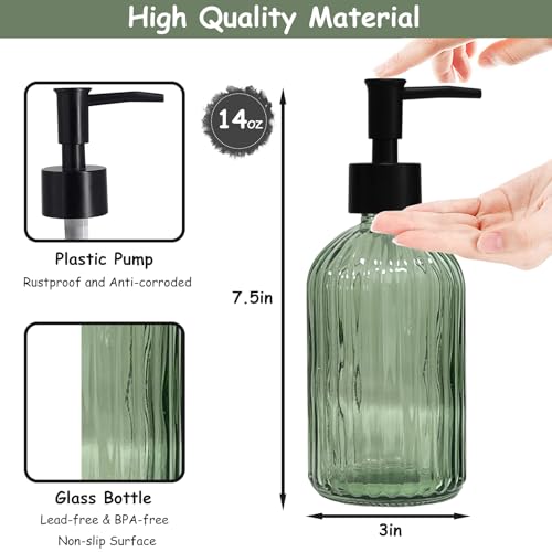 YYTSGG Green Glass Soap Dispenser Set with Black Pump, 13.5oz, 2 Pack | Refillable Liquid Hand Soap Dispenser, Lotion Dish Soap Dispenser for Modern Home Decor, Bathroom, Kitchen Countertop, Hotel