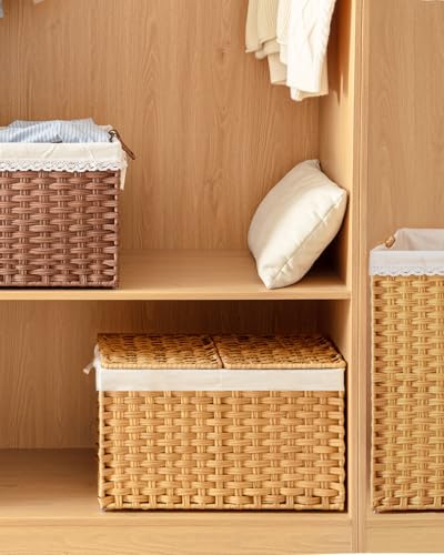 Storage Basket with Lid Rattan Woven Storage Baskets with 2 Separate Lids, 17.2 Gallon (65 L), 22 x 13 x 13.8 Inches,Foldable, 2 Removable Liner Bags Handles for Bedroom, Laundry Room Natural